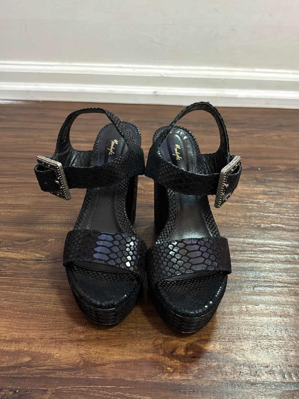 Black Snakeskin Platform Block Heels